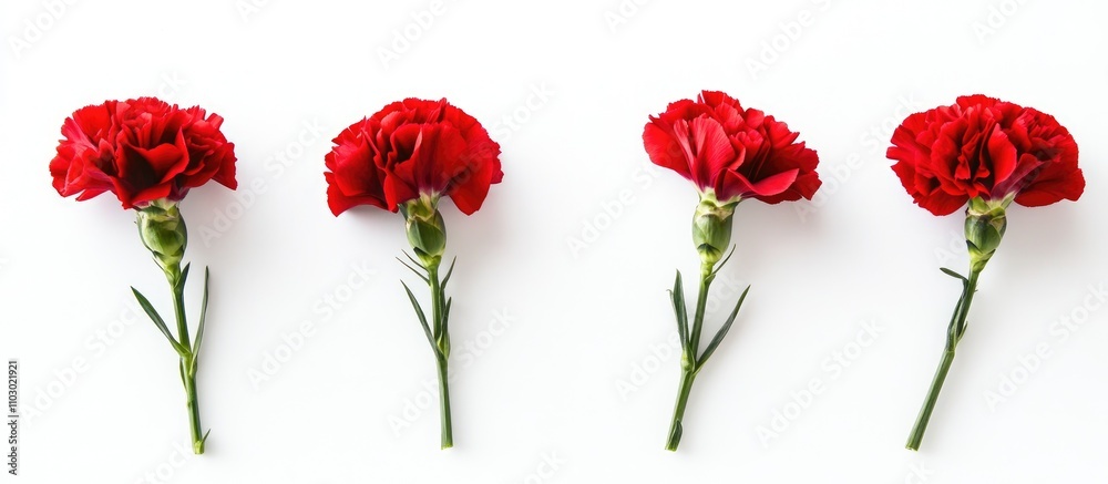 Poster Red carnations arranged on a white background for floral design or greeting card layouts with space for customization and branding purposes