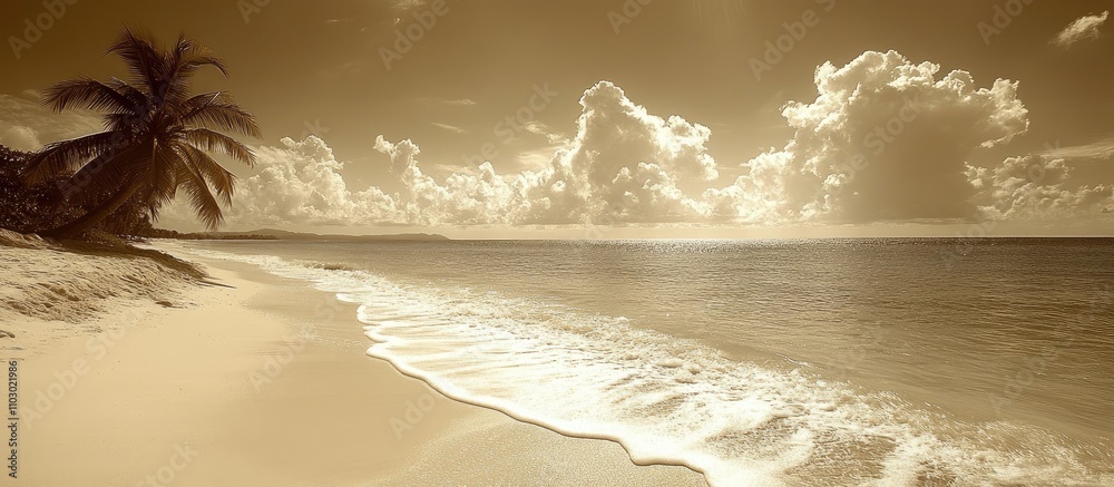 Poster coconut palm tree on serene beach in sepia tone with gentle waves and dramatic clouds enhancing the 