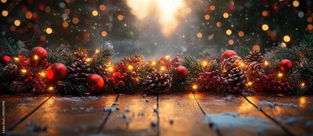 Aufkleber christmas festive backdrop with illuminated garland pinecones ornaments and soft glowing lights on w
