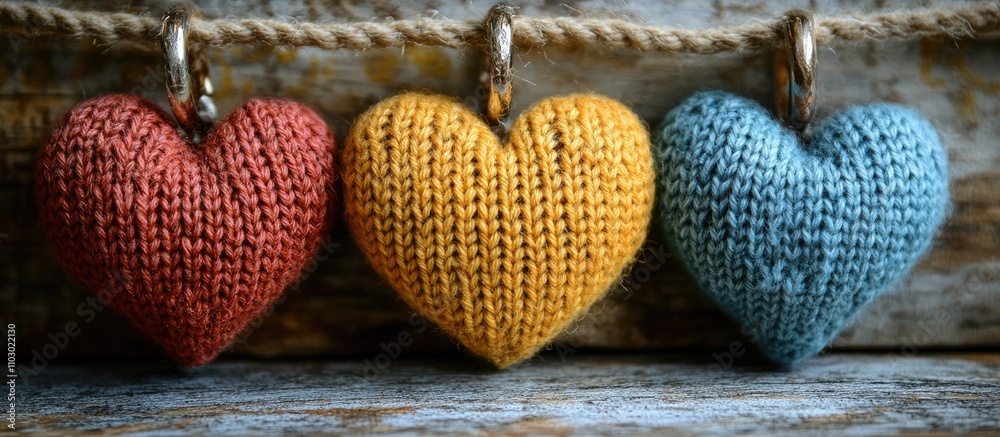 Poster colorful handmade knitted hearts pendant displayed on vintage textured background with rustic charm 