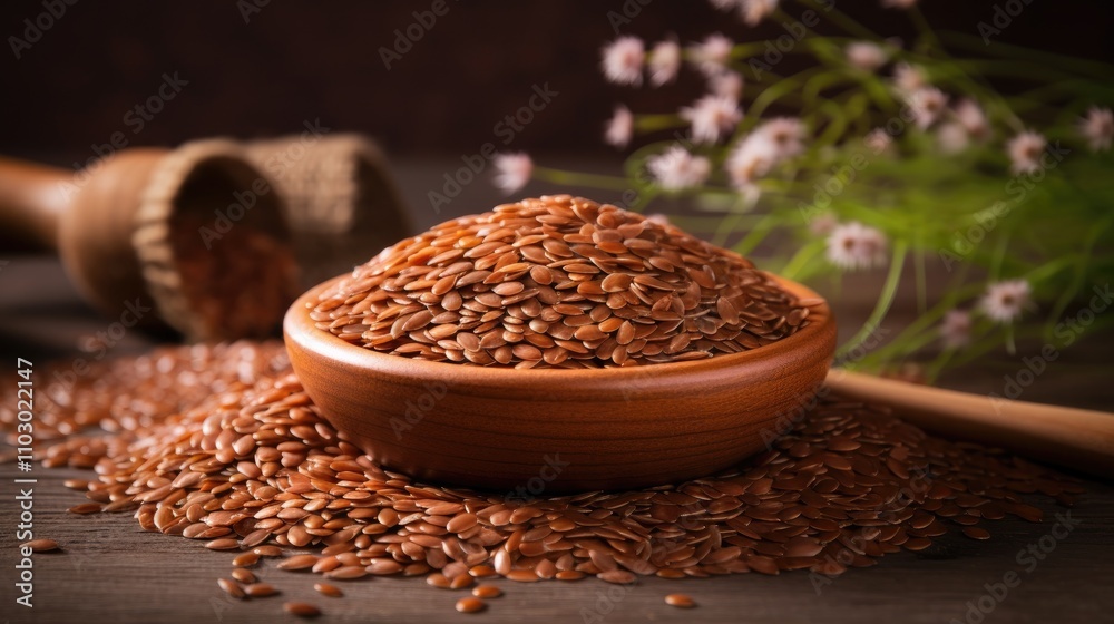 Aufkleber brown raw whole flax seeds in a wooden bowl on a rustic table with scattered seeds and flowers in th