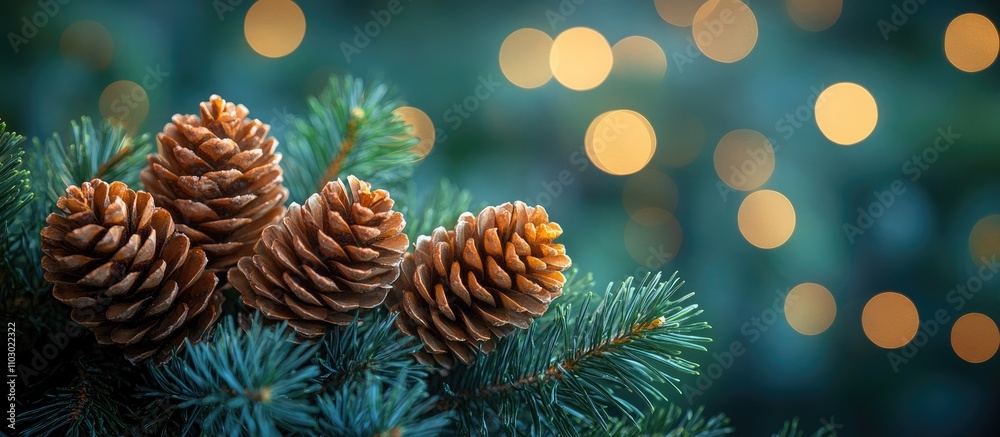 Poster christmas pine bouquet with cones set against a green bokeh backdrop creating a festive and cozy atm