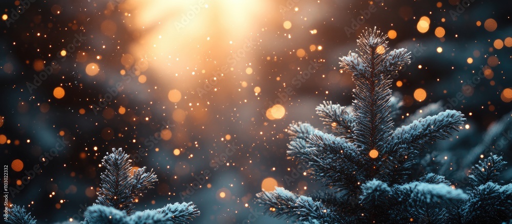 Poster snowy fir trees with sparkling bokeh and soft sunlight creates a magical winter ambiance for festive
