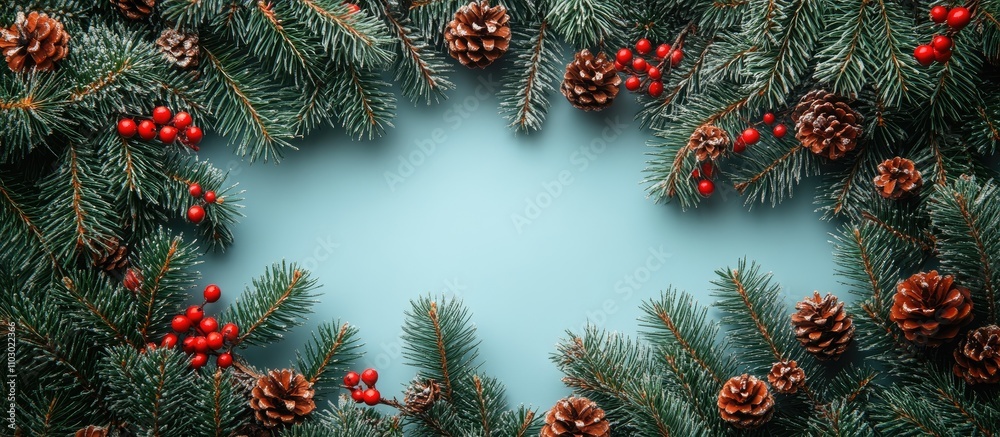 Poster festive christmas backdrop with fir branches pine cones and berries empty space for promotional text