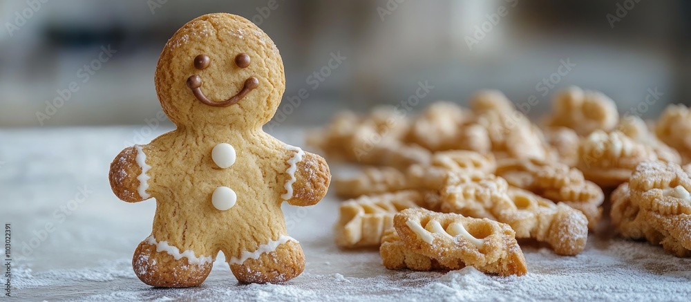 Poster gingerbread cookie man smiling surrounded by assorted decorative cookies on a light background perfe