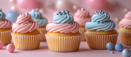 Festive birthday scene with colorful cupcakes topped with creamy frosting against a cheerful pastel backdrop and decorative elements