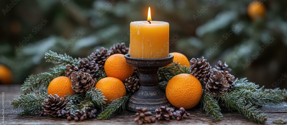 Poster cozy holiday decor featuring a candle in a rustic candlestick surrounded by mandarin oranges and pin