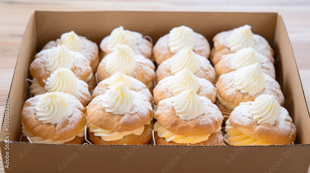 Poster cream puff cakes in a box showcasing delicate pastries filled with creamy goodness and topped with p
