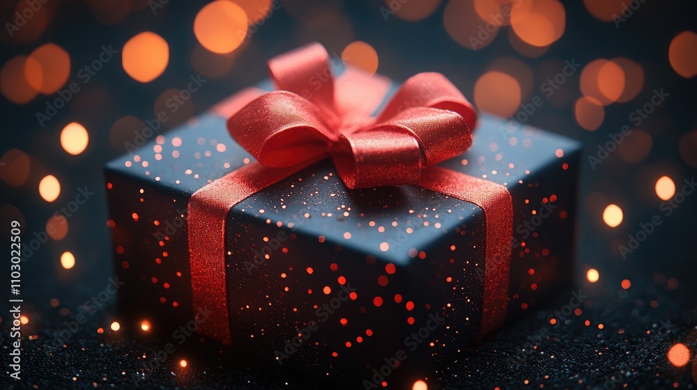 Poster elegant black gift box decorated with shiny red ribbon surrounded by festive bokeh lights for a magi