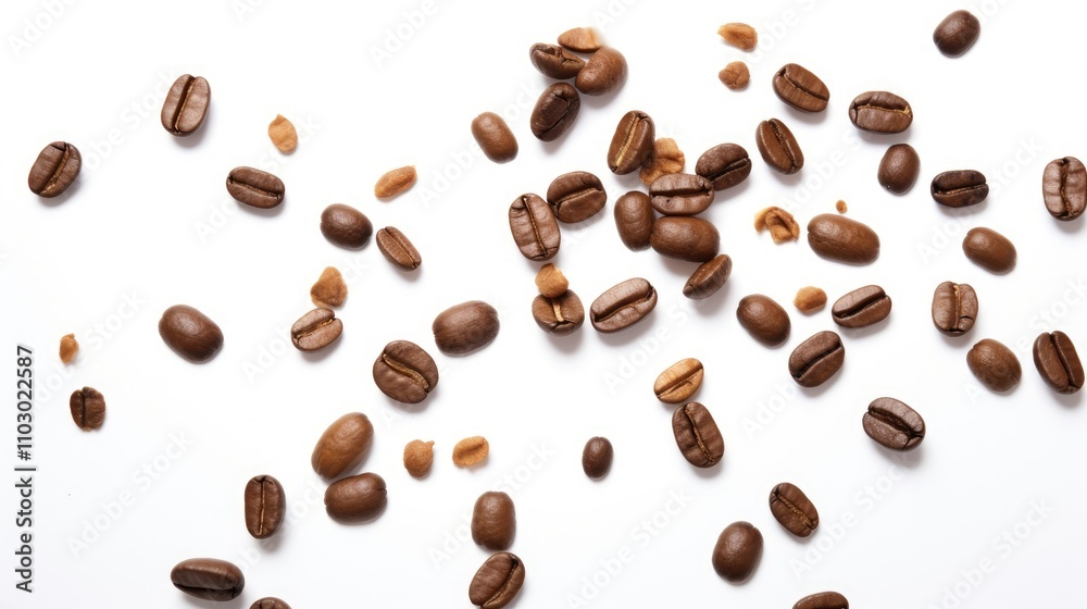 Poster falling coffee beans scattered on a bright white background creating an artistic and vibrant coffee 