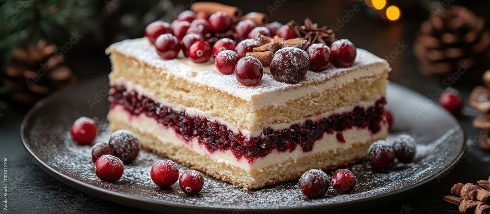 Poster christmas cake layered with cream and cranberry filling garnished with fresh cranberries and nuts on