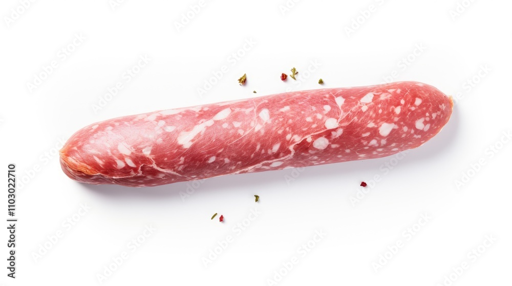 Poster dry cured ham sausage isolated on a white background showcasing rich texture and color ideal for cul