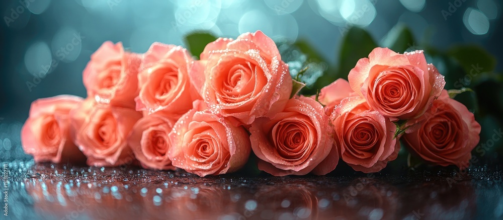 Poster close up of a vibrant bouquet of pink roses with dew drops on a reflective surface and a shimmering 