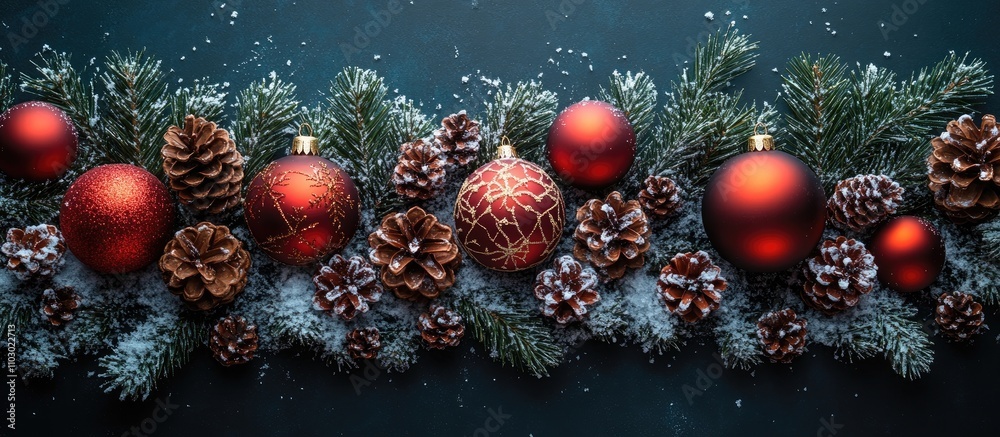Poster christmas decoration with ornaments pine cones fir branches and artificial snow creating a festive h