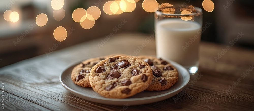 Aufkleber Chocolate chip cookies on a plate with a glass of milk on a rustic table surrounded by soft bokeh lights creating a warm atmosphere