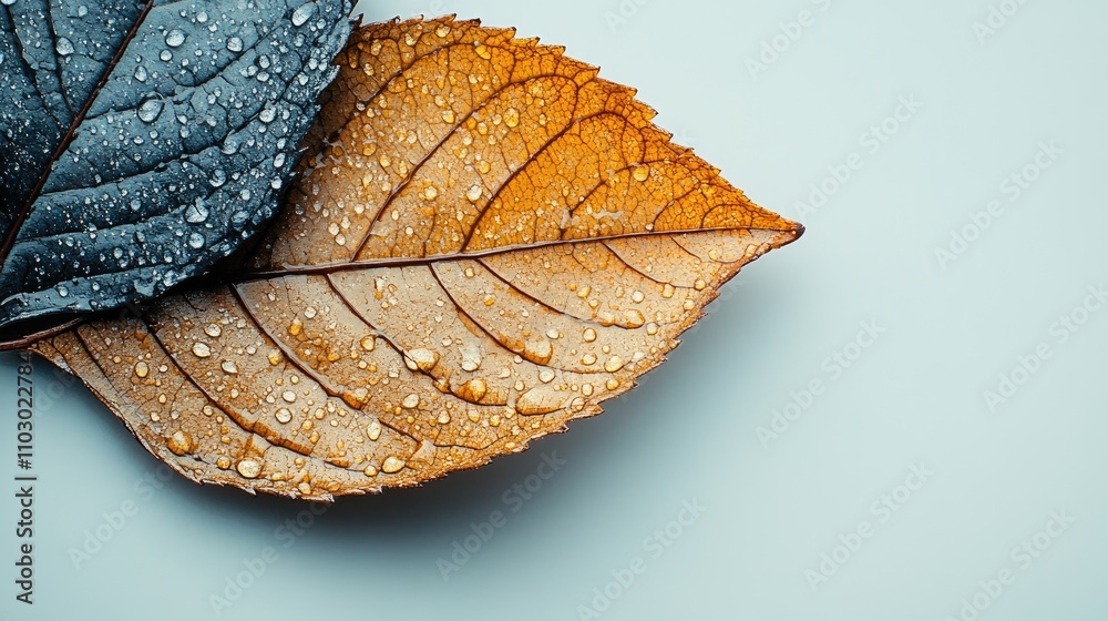 Leinwandbilder leaf texture with water droplets on contrasting dark and light leaves isolated on a soft pastel back