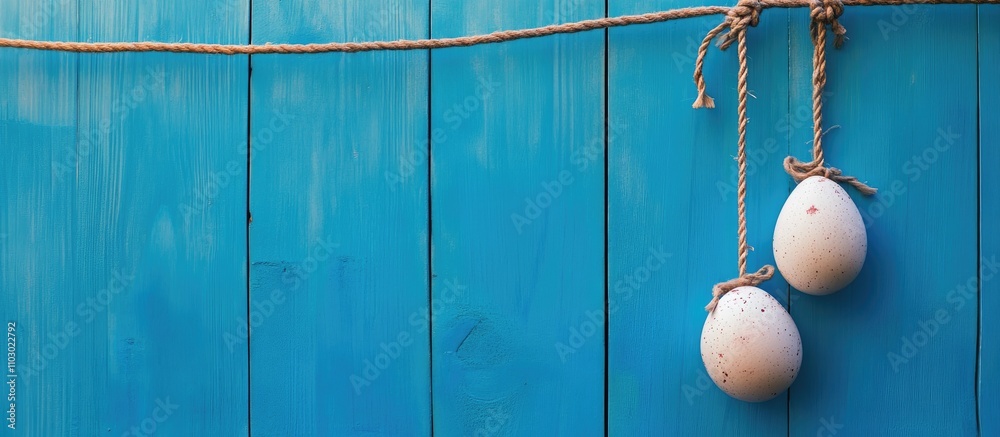 Poster easter eggs suspended on a rope in front of a vibrant blue wooden background creating a festive and 