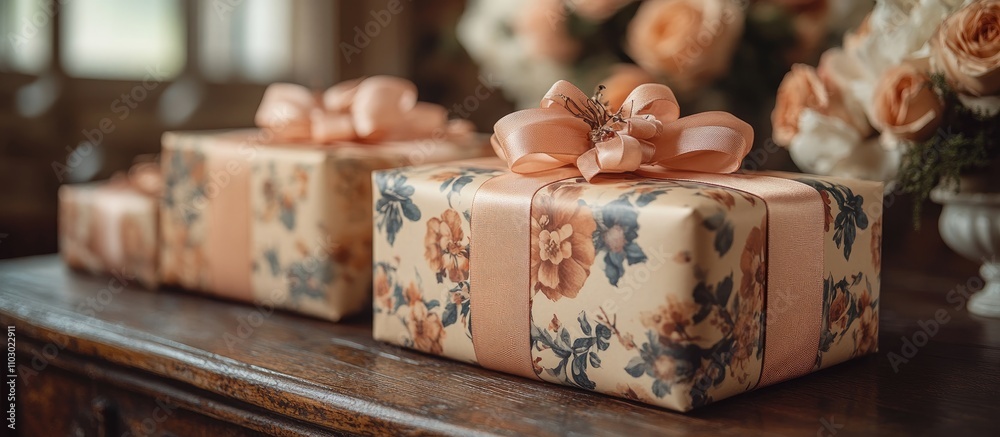 Aufkleber elegant floral gift boxes with satin ribbons for special occasions displayed on a rustic table with 