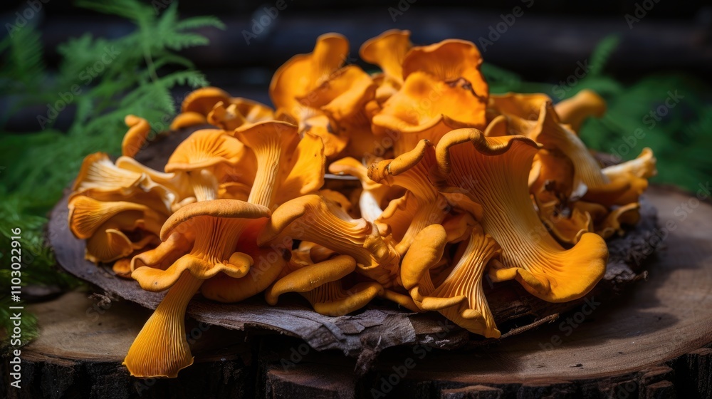Aufkleber vibrant chanterelle mushrooms arranged on a rustic wooden surface surrounded by greenery in a natura