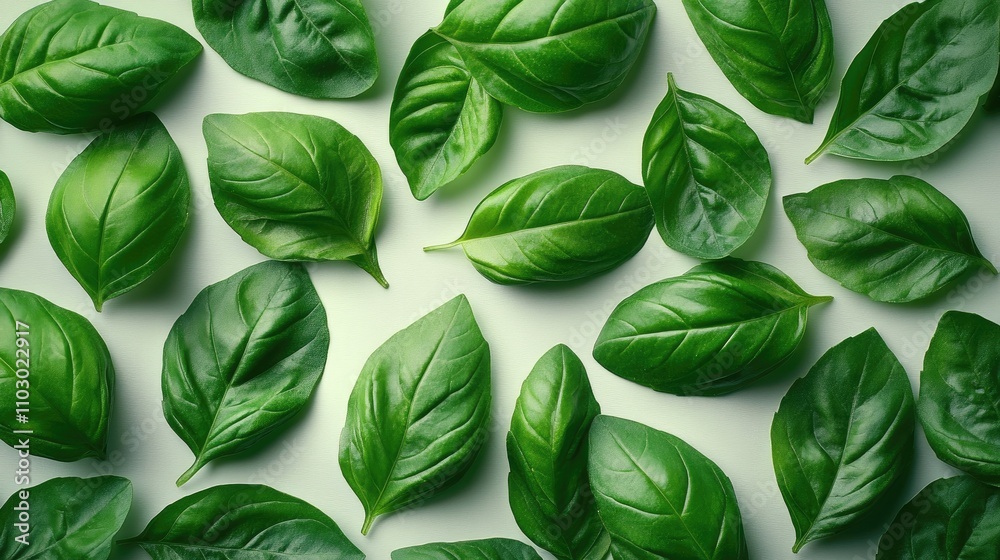 Poster fresh basil leaves arranged artistic on a light background showcasing vibrant green color and textur