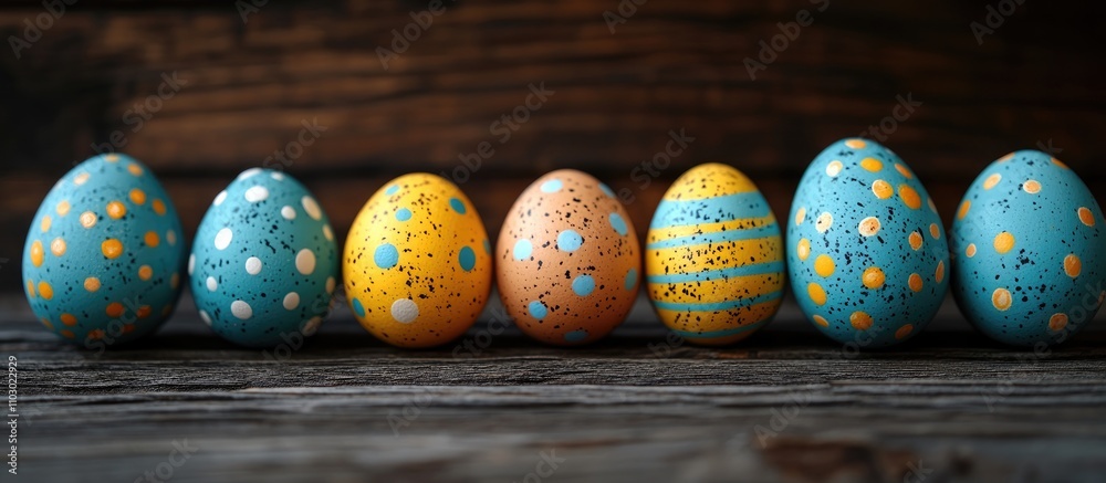 Poster colorful easter eggs in a row on a rustic wooden background with space for text vibrant festive deco