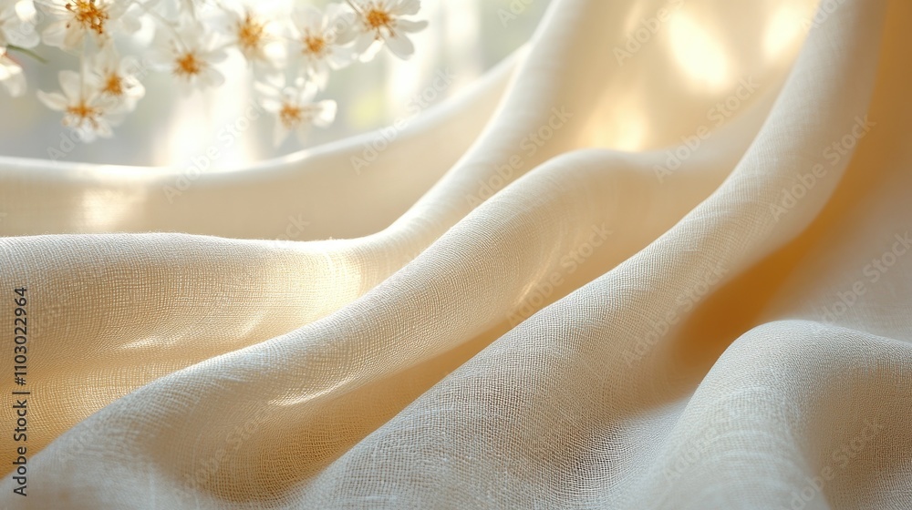 Poster soft draped cotton calico fabric in warm off-white with delicate floral background for textiles and 