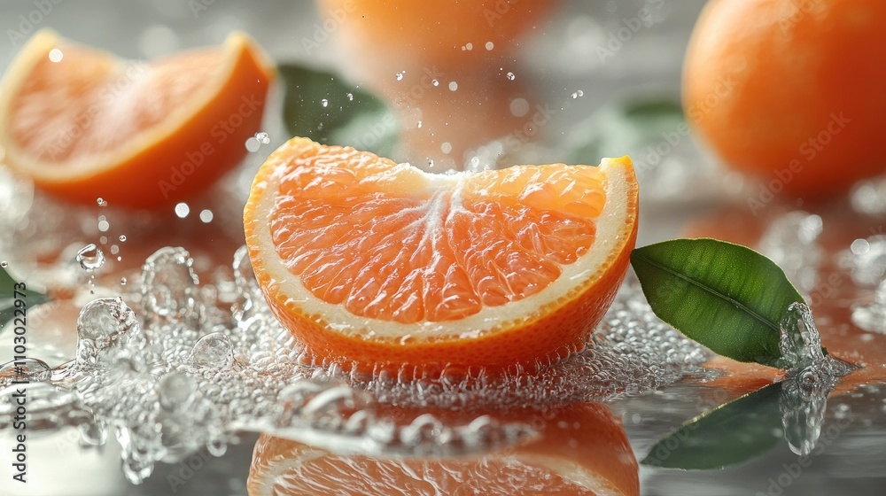 Poster Floating tangerine slices with peel and leaves on a reflective surface creating a splash against a kitchen backdrop for beverage inspirations