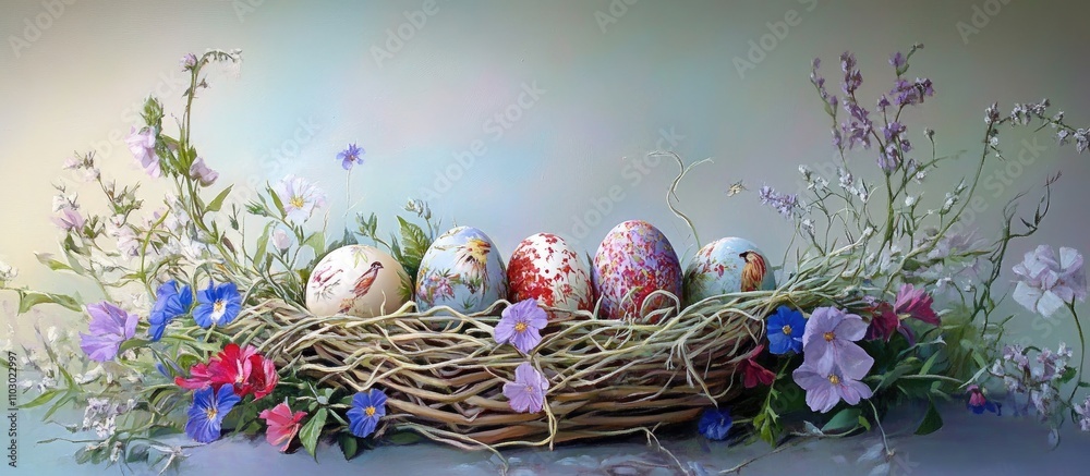 Poster easter basket with colorful eggs resembling bird eggs surrounded by vibrant wildflowers in a springt