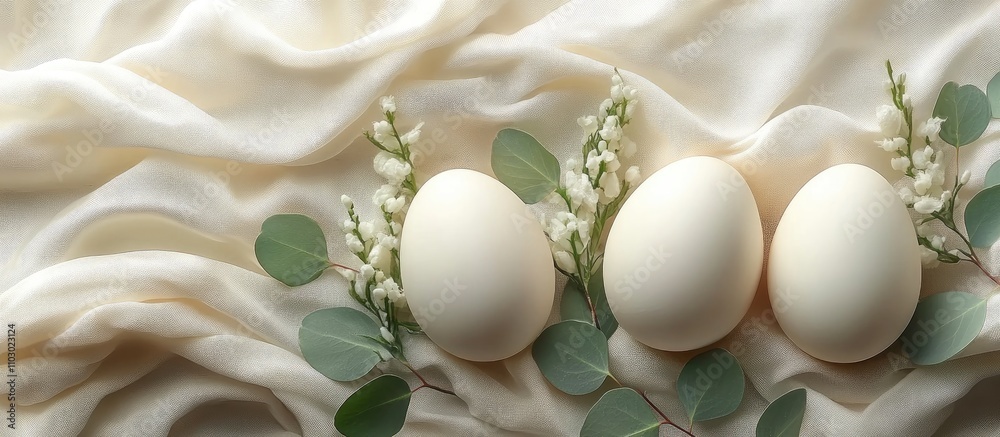 Poster easter themed arrangement of white chicken eggs with eucalyptus leaves on soft fabric elegant aerial
