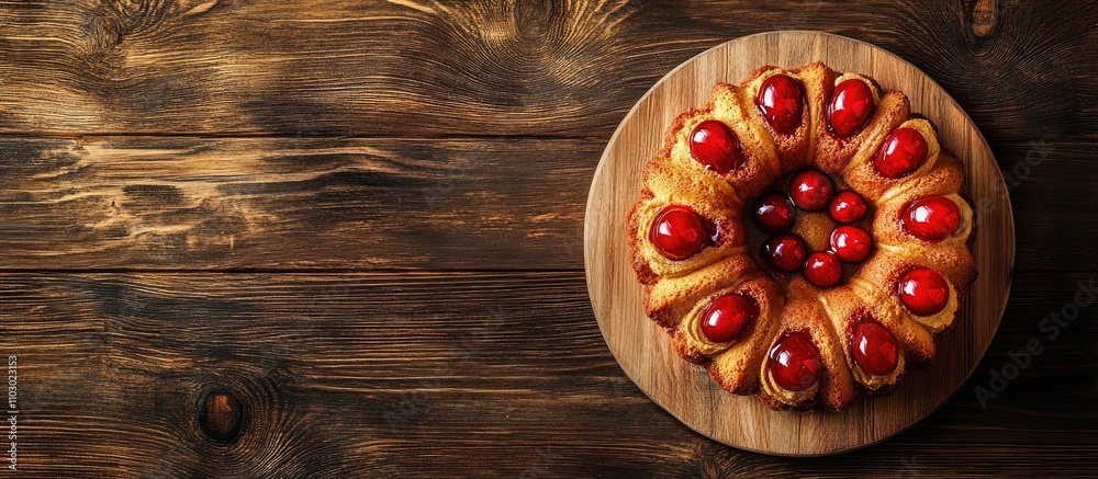 Aufkleber Epiphany cake decorated with cherries on a wooden board top view with empty space for text and design elements in a rustic setting
