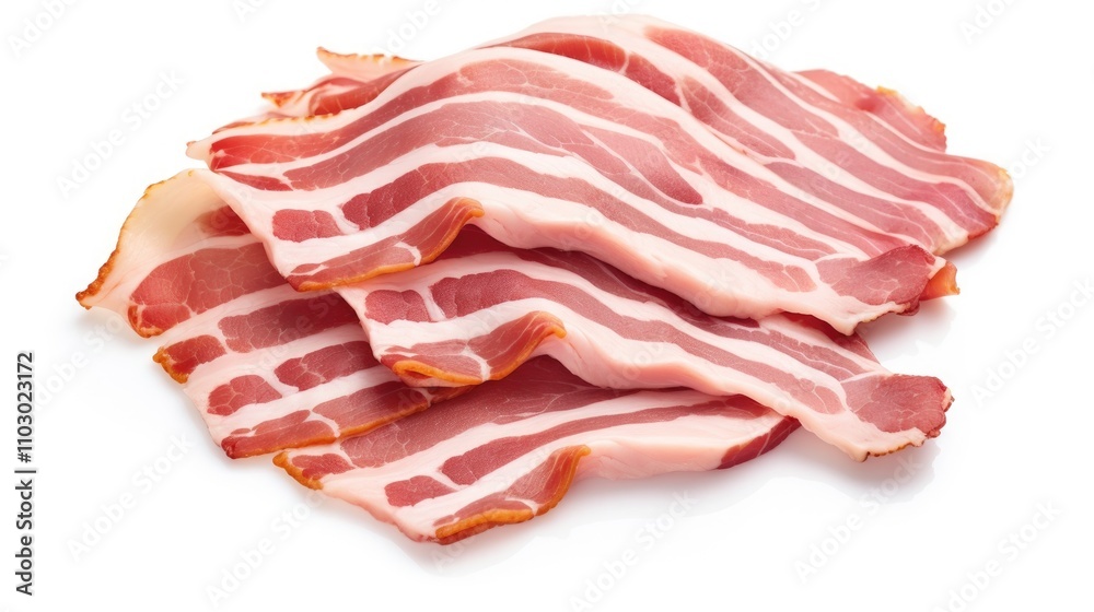 Poster Freshly sliced pork bacon arranged on a clean white background showcasing its texture and color for culinary presentations or recipes