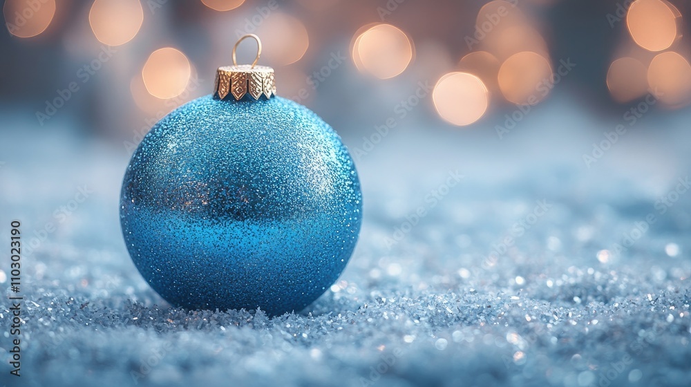 Poster blue christmas ornament on shimmering snow with soft bokeh lights creating a festive and serene holi