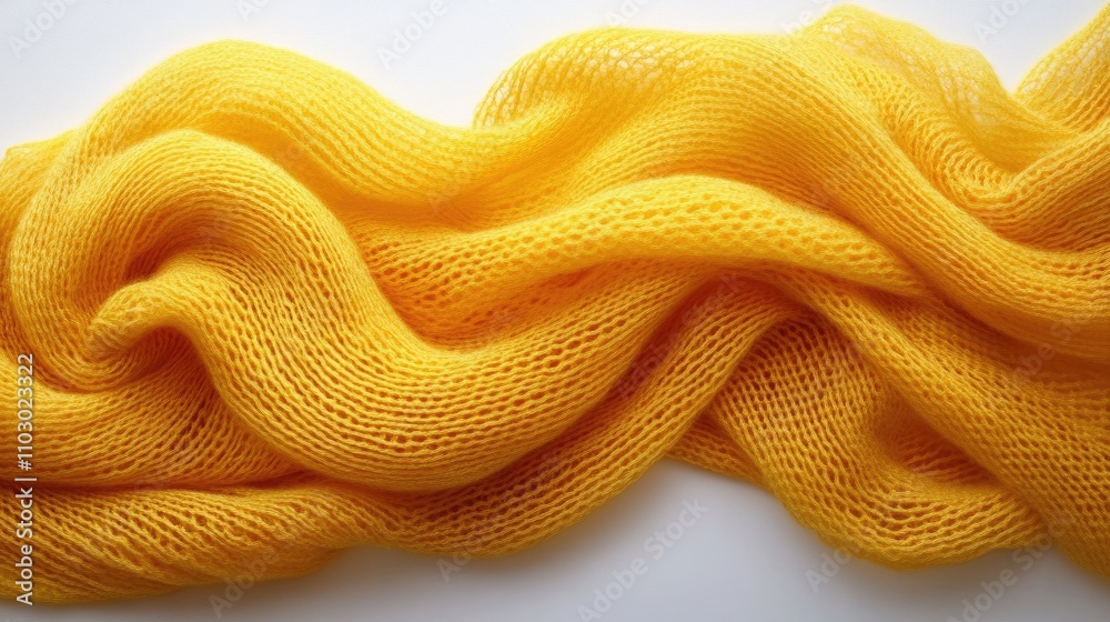 Poster crumpled yellow knitted fabric showcasing texture and softness on a clean white background for fashi