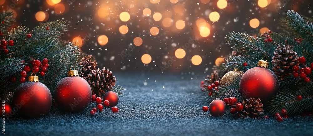 Poster christmas background with festive ornaments and pine branches creating a warm, cozy atmosphere with 