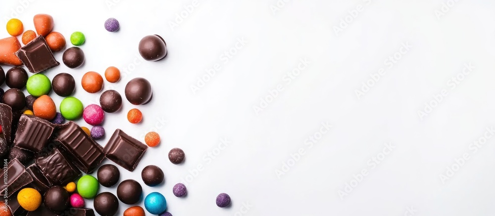 Poster colorful candies and dark chocolate balls arranged on a white background creating a fun and inviting