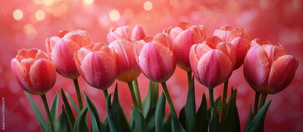Aufkleber pink tulip bouquet against soft pink background for celebration greeting card design with copy space