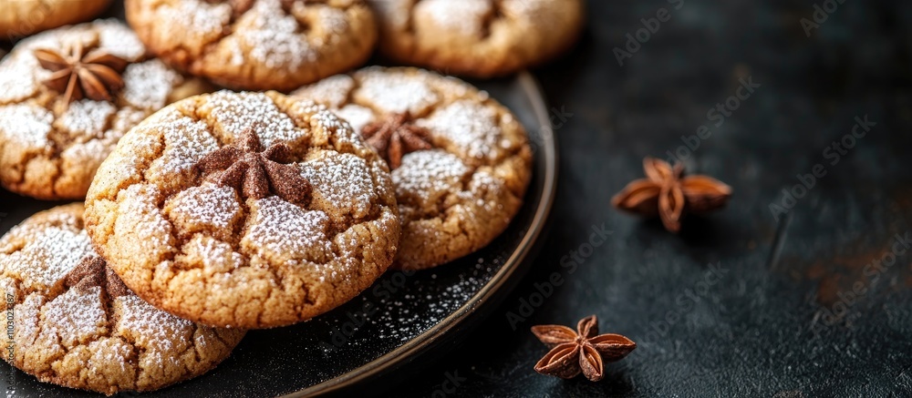 Poster cinnamon crinkle cookies presented on dark backdrop with anise stars enhancing the rustic and cozy b