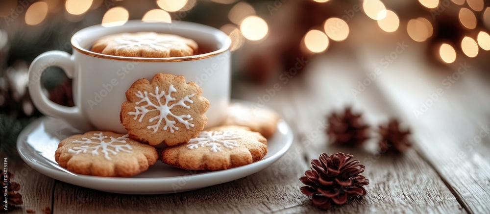Poster festive display of christmas cookies with a cup of tea surrounded by warm bokeh lights and rustic wo