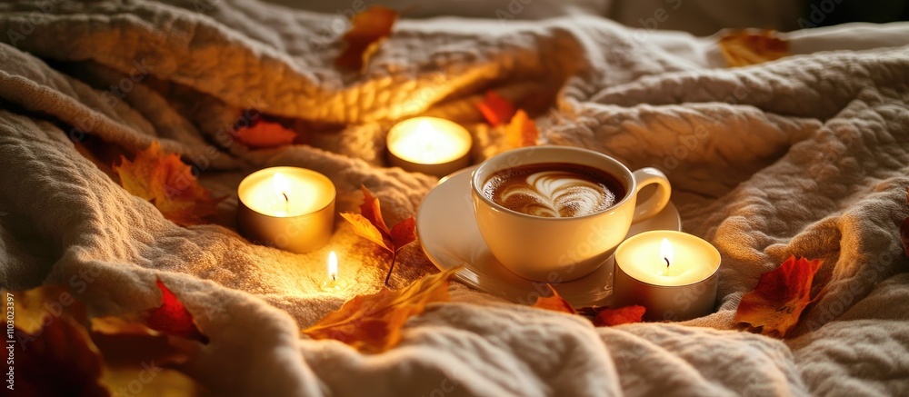 Poster cozy autumn scene with coffee cup and candles surrounded by colorful leaves on a soft bed highlighti