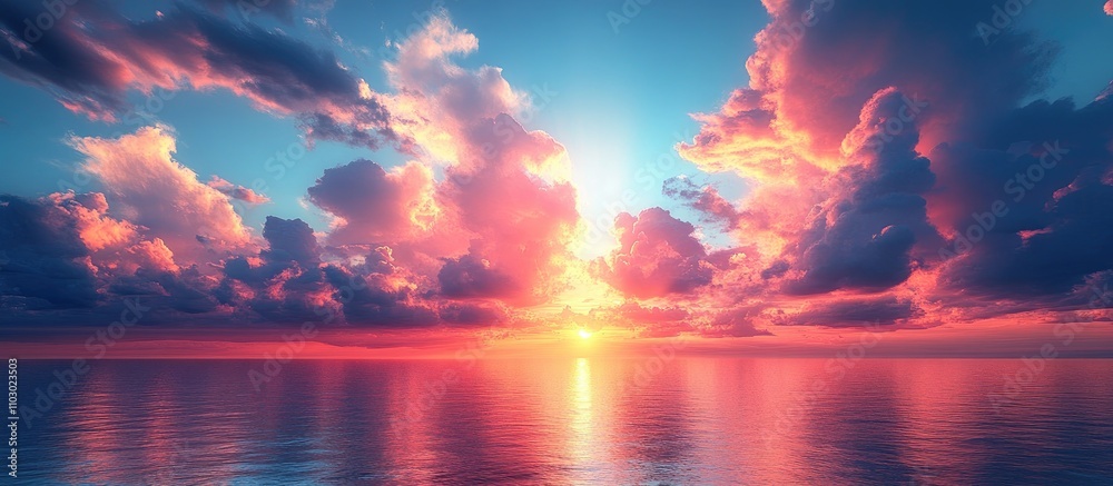 Poster vibrant sunset over calm ocean waters with a stunning display of colorful clouds reflecting in the s