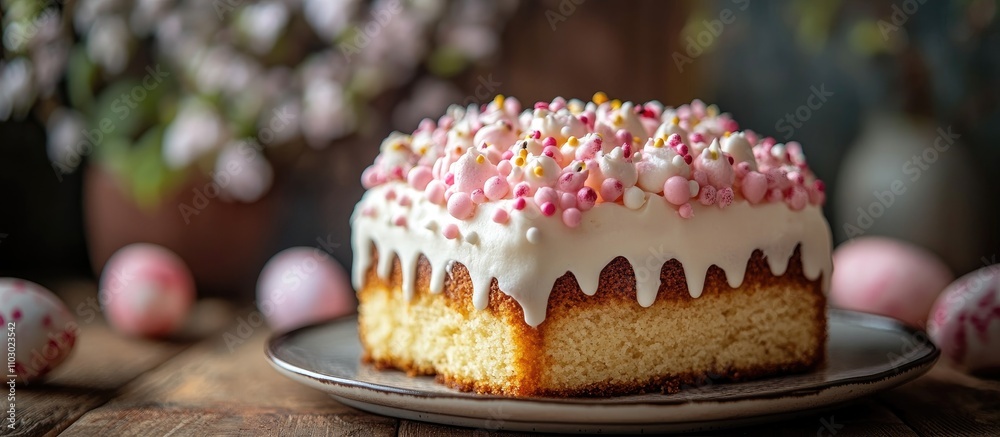 Poster festive easter cake with colorful sprinkles beautifully presented on a rustic wooden table with deco