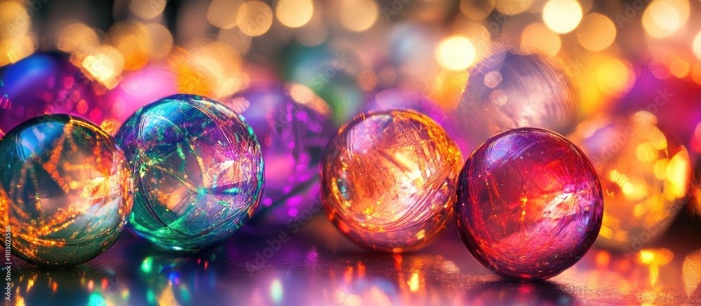 Poster vibrant closeup of colorful decorative balls illuminated by glowing lights creating a festive and en