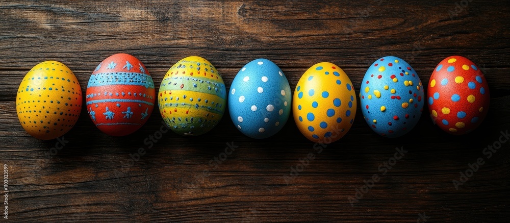 Aufkleber colorful decorative easter eggs arranged on a rustic wooden background creating a festive spring atm