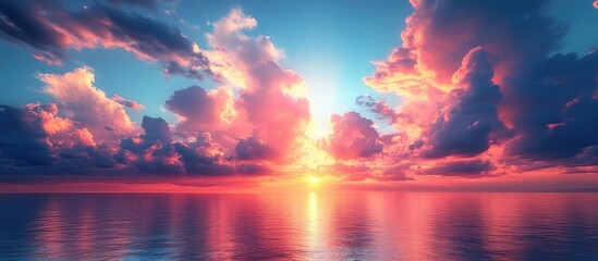 Vibrant sunset over calm ocean waters with a stunning display of colorful clouds reflecting in the sky and sea surface.