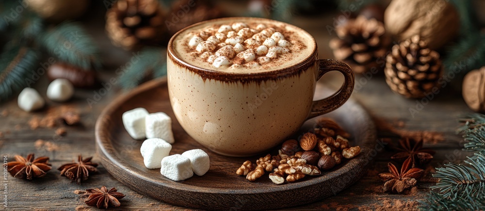 Poster cozy cocoa coffee topped with marshmallows and nuts arranged on a wooden table with festive decorati
