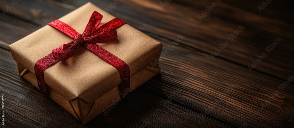 Poster elegant gift box adorned with a red ribbon resting on a rustic wooden surface, perfect for holiday c