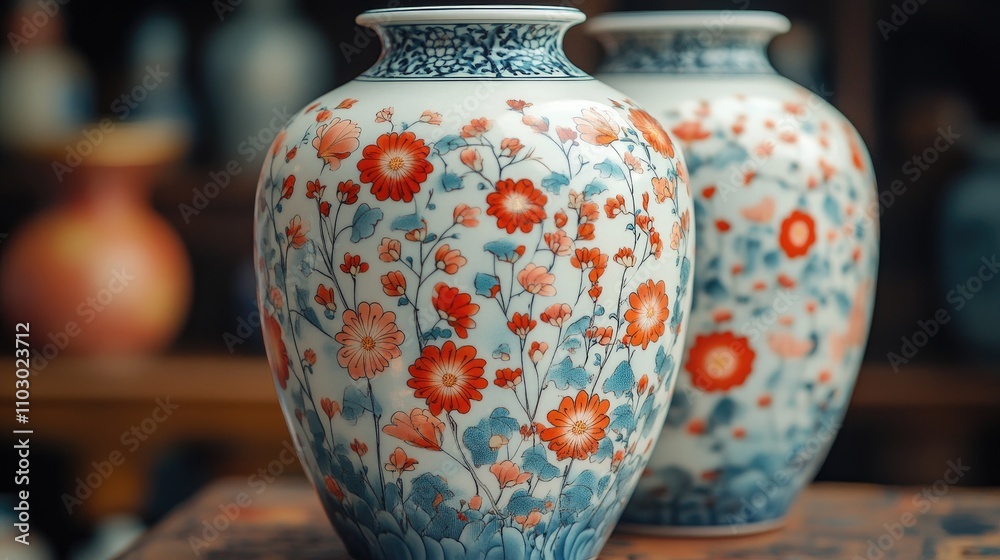 Poster floral patterned vases displayed in close-up against a dark background highlighting intricate design