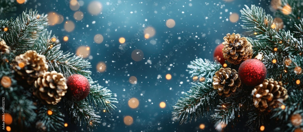 Aufkleber festive christmas background featuring snowy pine branches with ornaments and bokeh lights for new y