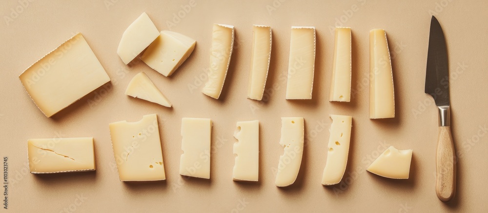 Poster cheese cuts arranged in a flat lay with a cheese knife ideal for culinary presentations and food pre