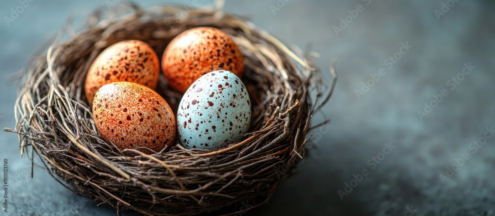 Poster Colorful speckled Easter eggs nestled in a natural nest against a textured background with ample space for promotional text or design elements